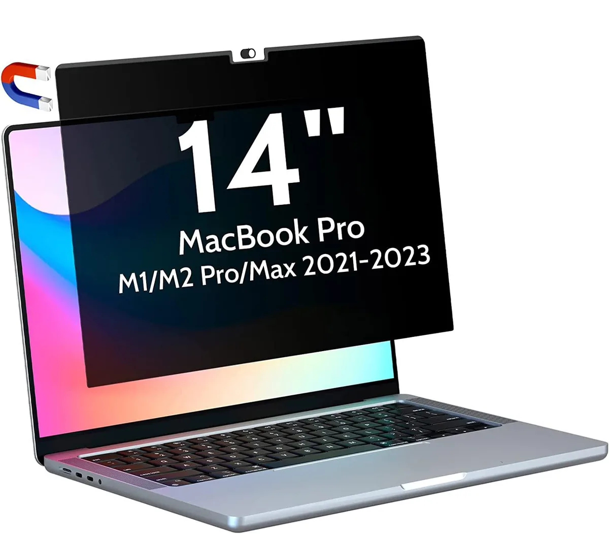 A thin black magnetic privacy screen for 14-inch MacBook Pro 2021-2023