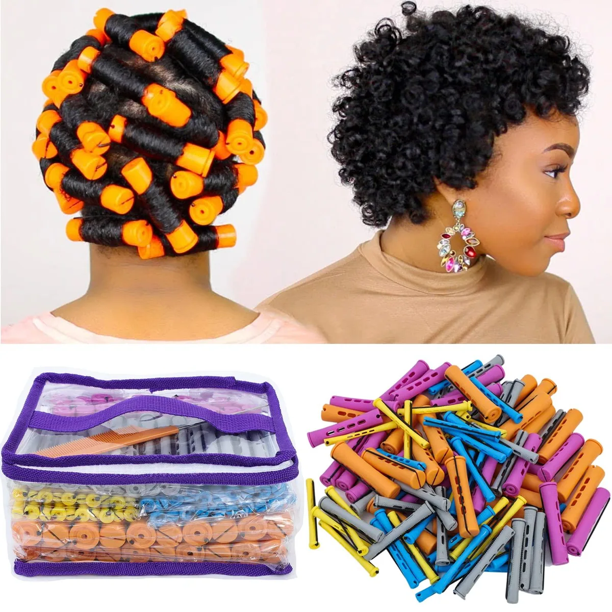 Set of one hundred plastic cold wave rods in orange, purple, grey, blue and yellow with rubber bands and a steel comb