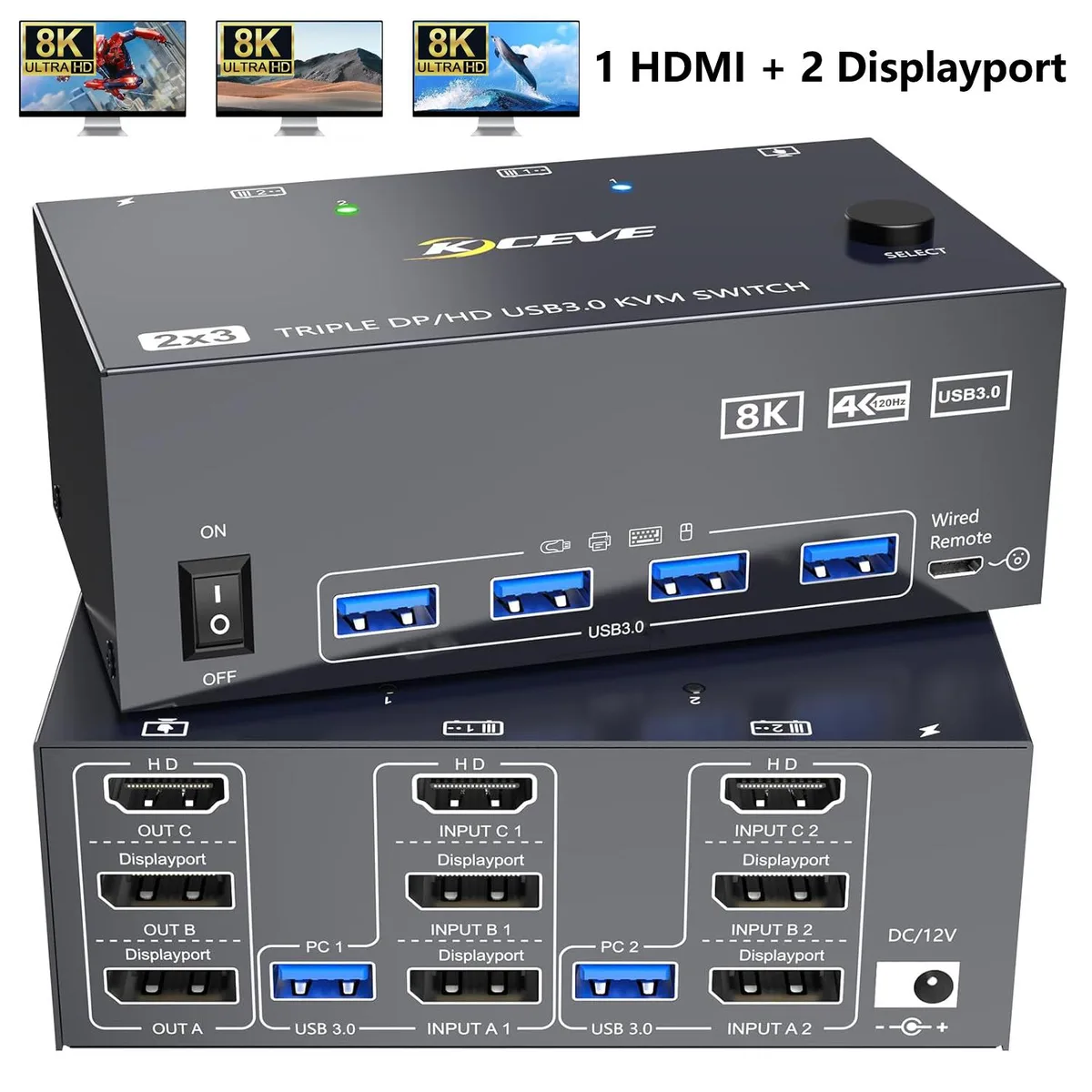 SMA SMA KVM203DH KVM Switch 3 Monitors 2 Computers 8K@60Hz 4K@144Hz — product photo