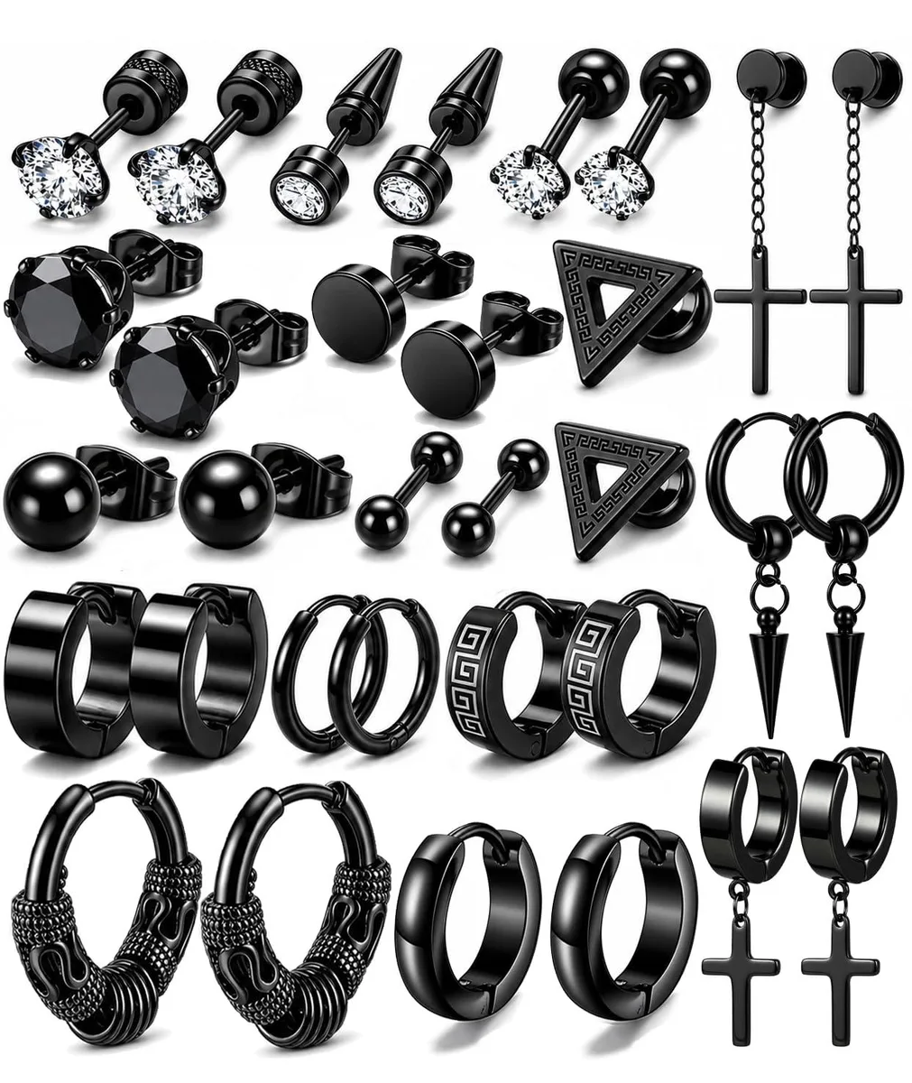 16 pairs of black stainless steel hoop and stud earrings in a box
