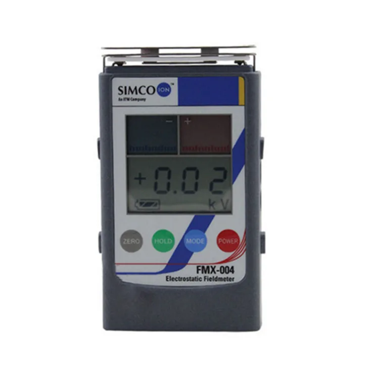 Red handheld electrostatic field meter with LCD display and dual LED range lights