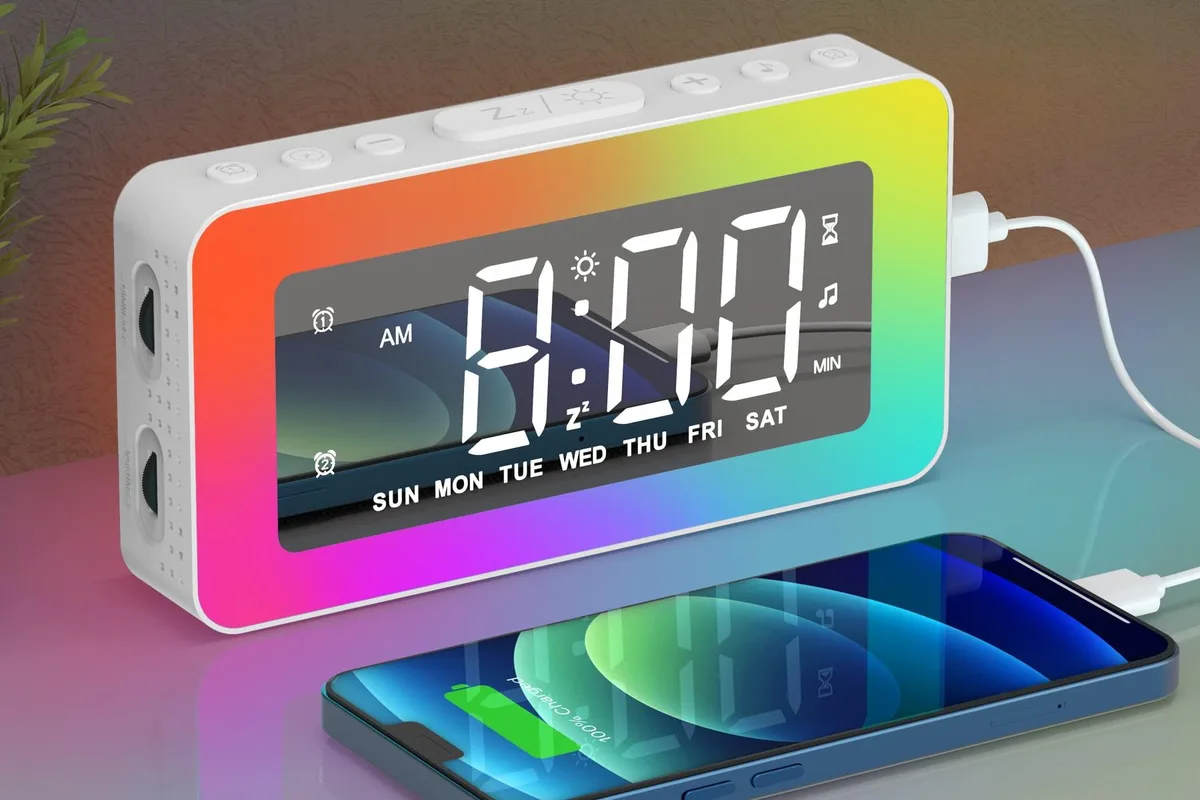 Rectangular white alarm clock with mirror LED display and RGB night light