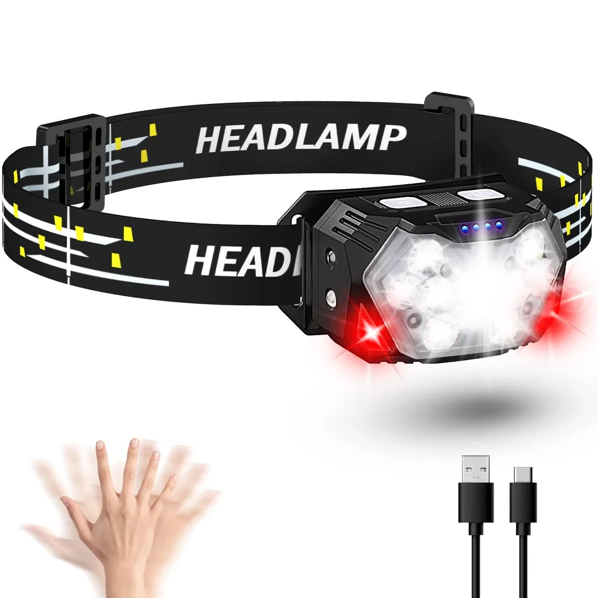 Compact rechargeable headlamp with nine LEDs, adjustable elastic band, 60° tilt, 3.3oz, USB-C port