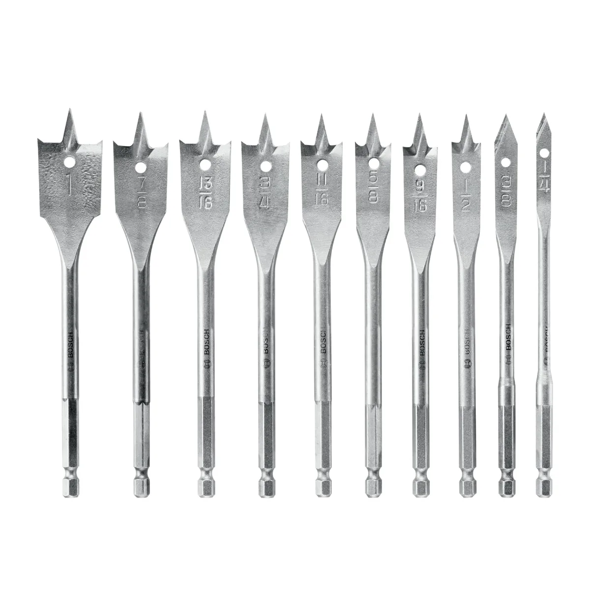 Ten silver steel spade bits with hex shanks in a flat case