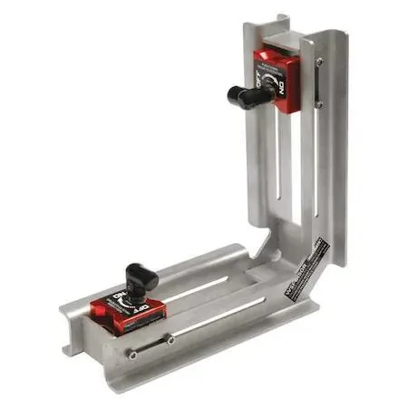 Red steel magnetic weld angle with on/off switch, 8.3 in square, 2.9 in wide