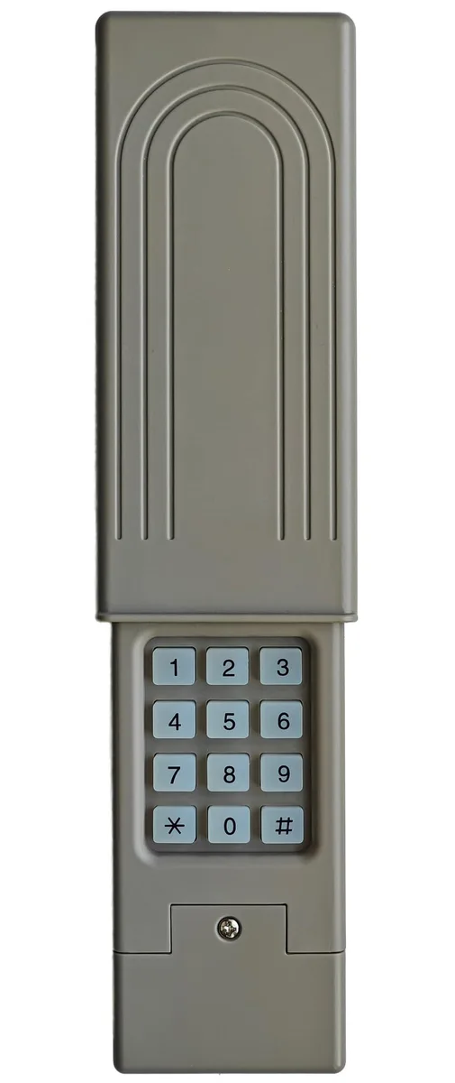Rectangular grey wireless keypad with sliding cover and backlit buttons