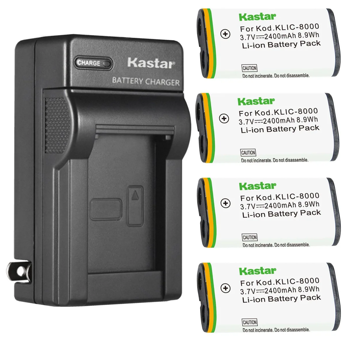 Kastar Kastar KLIC-8000 4-pack batteries and AC charger — product photo