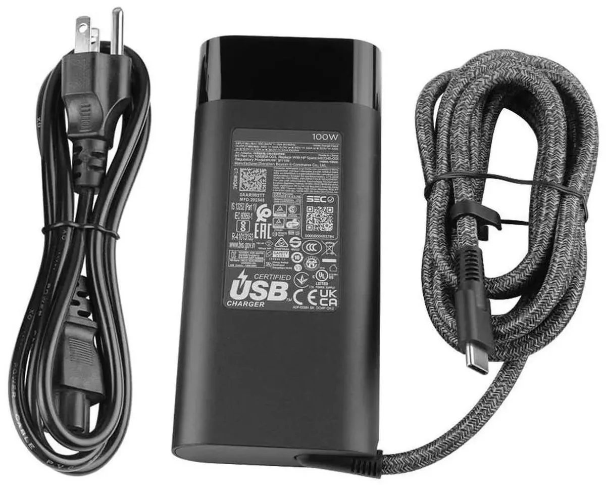 White rectangular USB-C power adapter with textured sides and a fixed cable