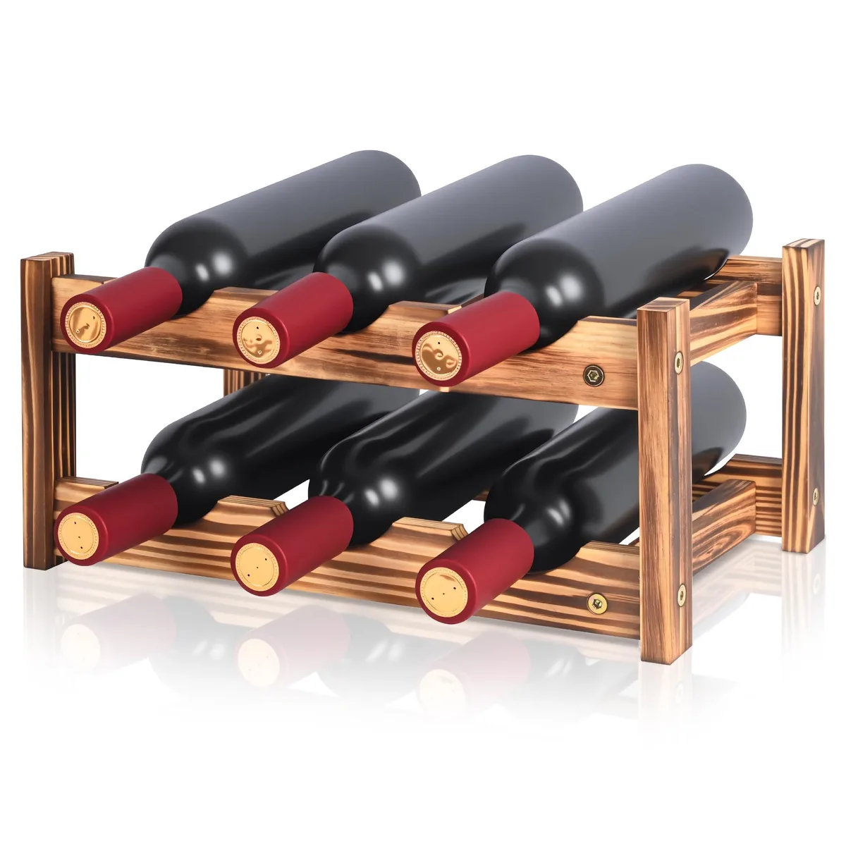 Two-tier wooden wine rack holding six bottles on a countertop