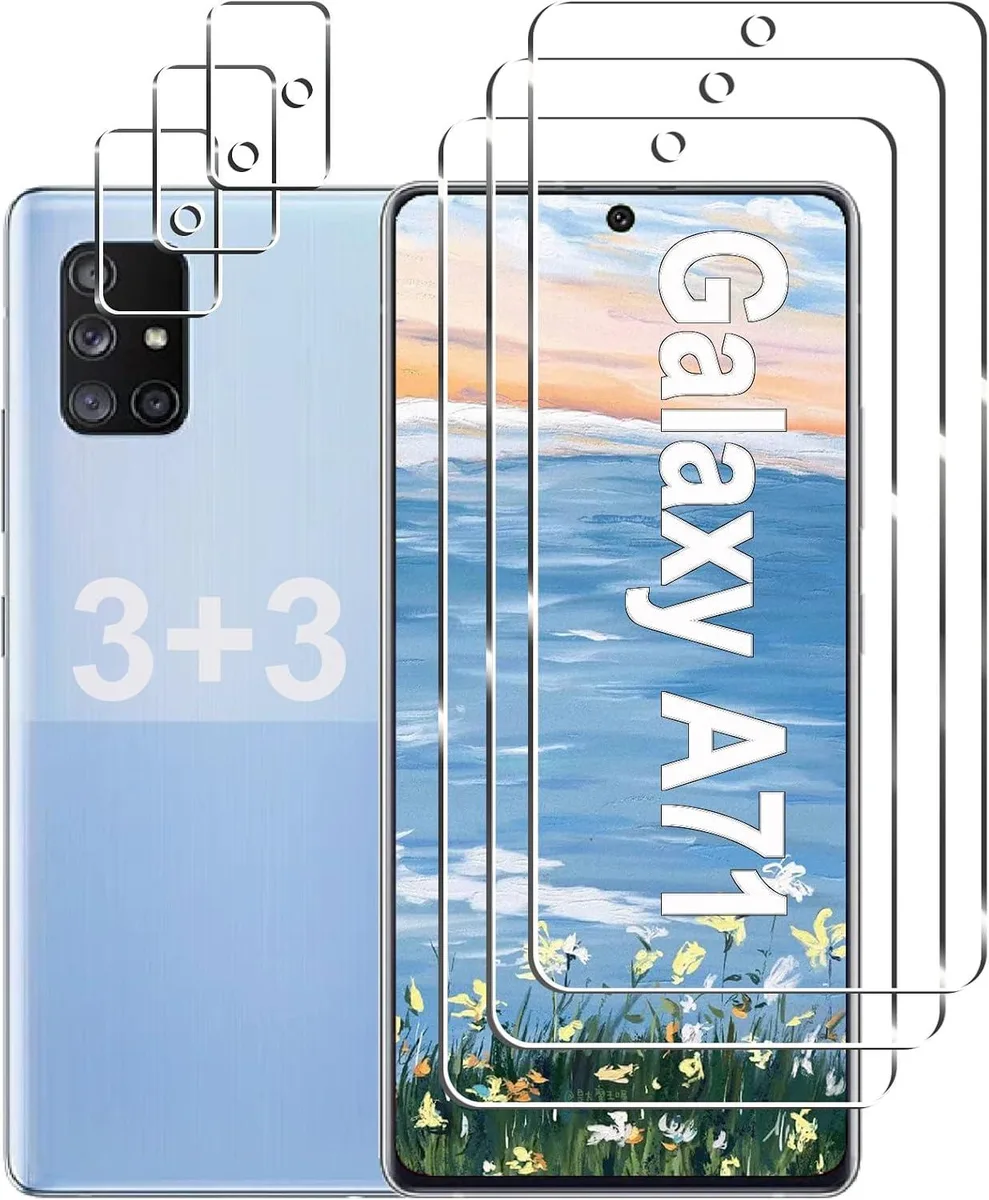 Three screen protectors and three camera lens protectors in a pack for Galaxy A71 5G