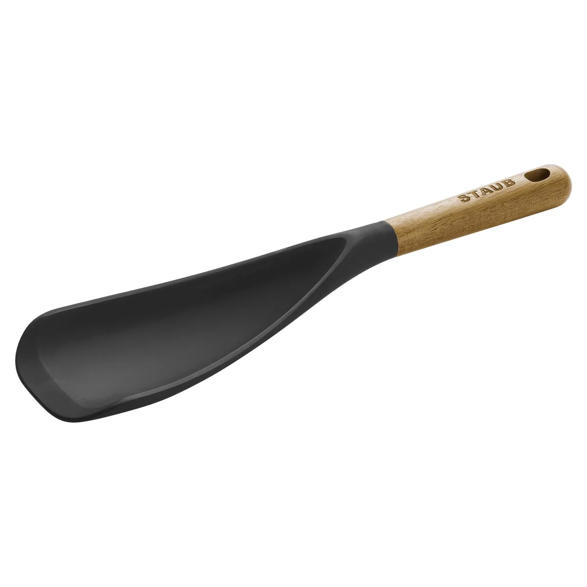 Matte black silicone spatula spoon with acacia wood handle and hanging loop