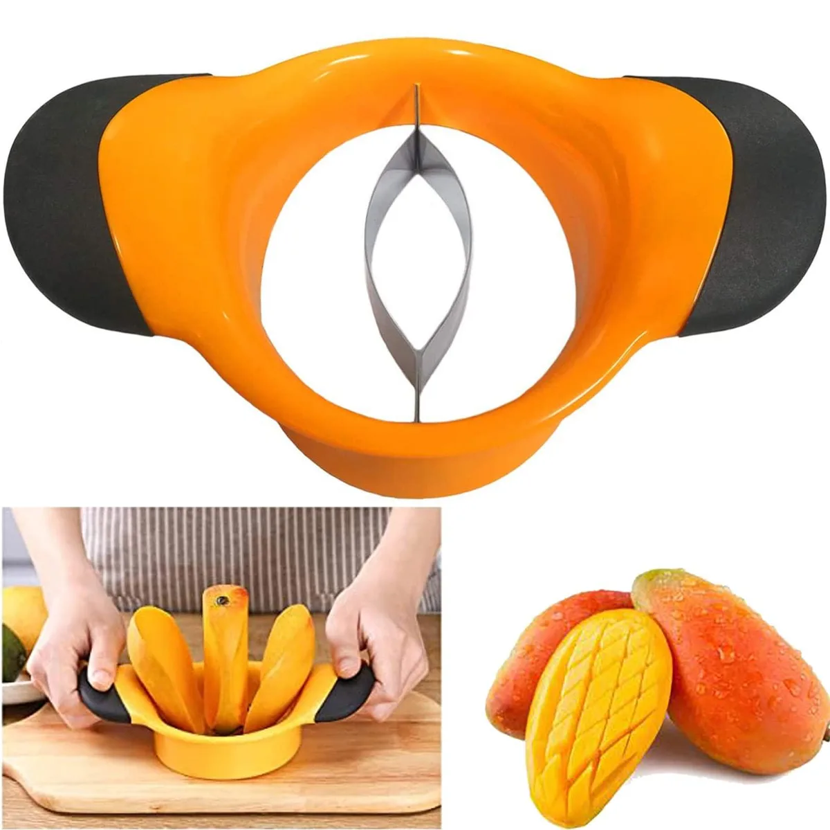 Orange mango slicer with stainless steel blade and non-slip handles