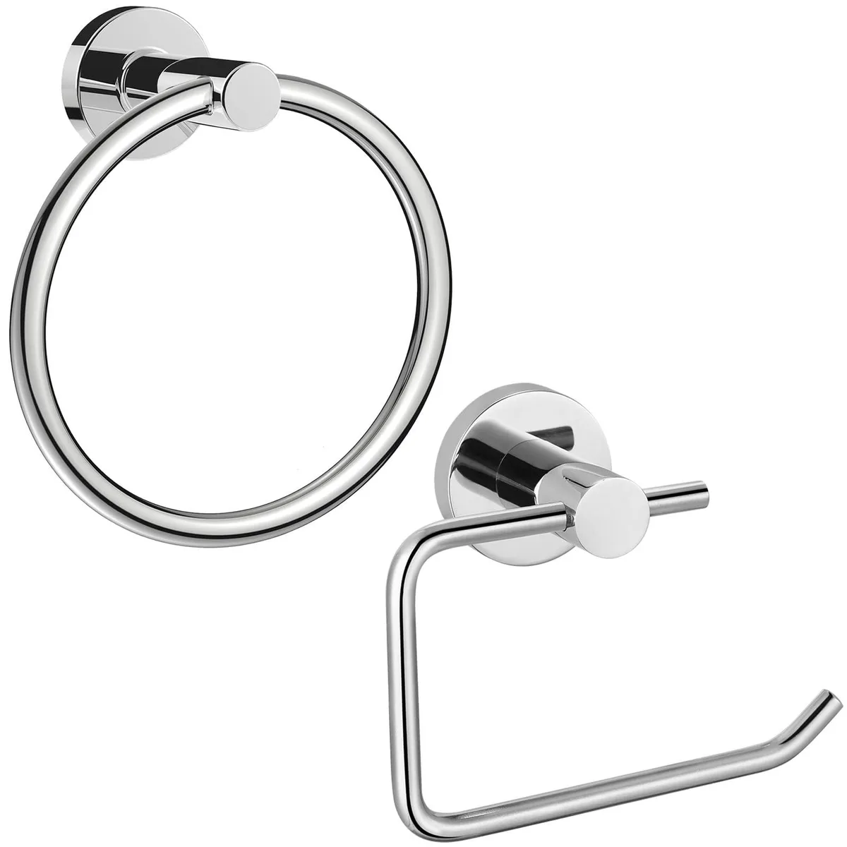 Two-piece polished chrome bathroom set: round towel ring and toilet paper holder, wall-mounted stainless steel