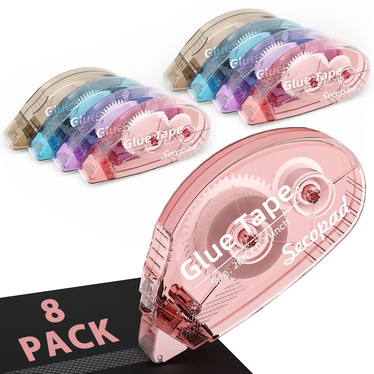 Eight light-coloured double-sided glue tape rollers in a pack