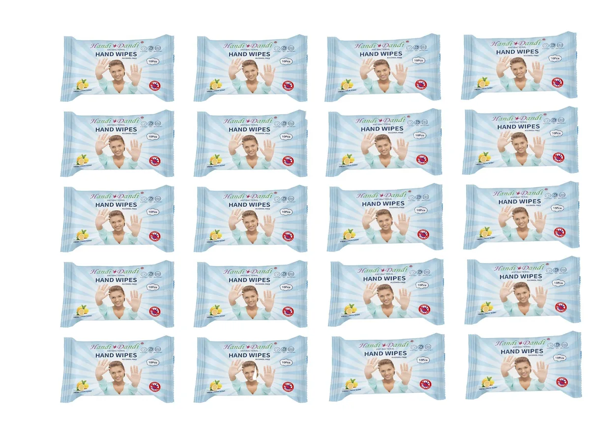 Rectangular box containing twenty small resealable packs of lemon-scented antibacterial hand wipes