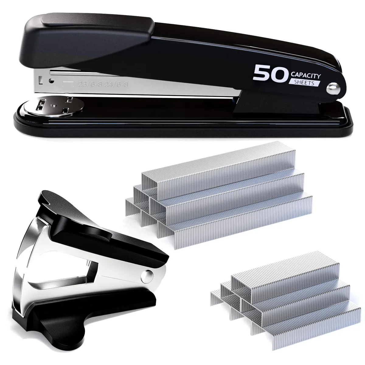 Black metal heavy-duty stapler with rubber base and staple remover
