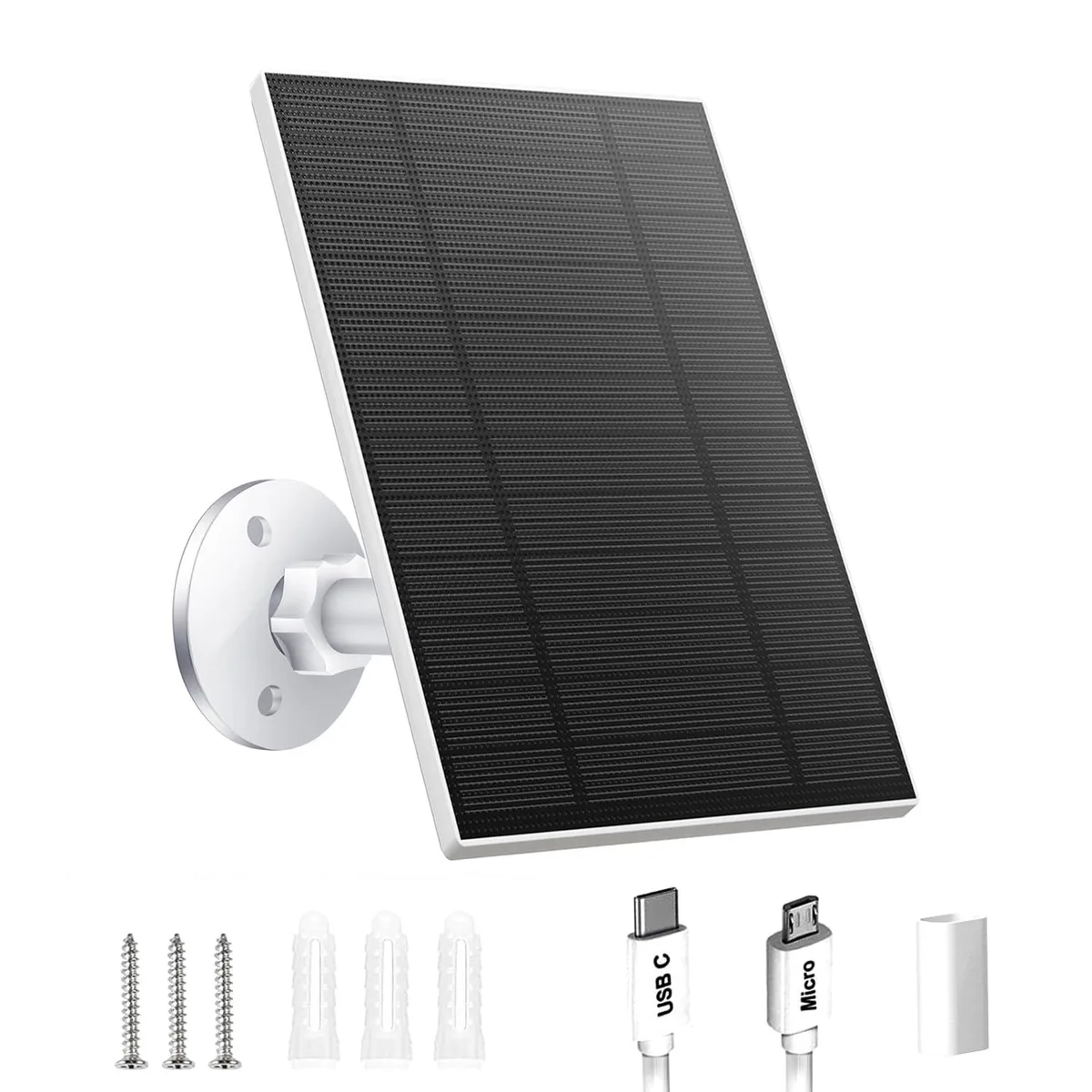 White rectangular 5W solar panel with adjustable bracket and 9.8ft cable