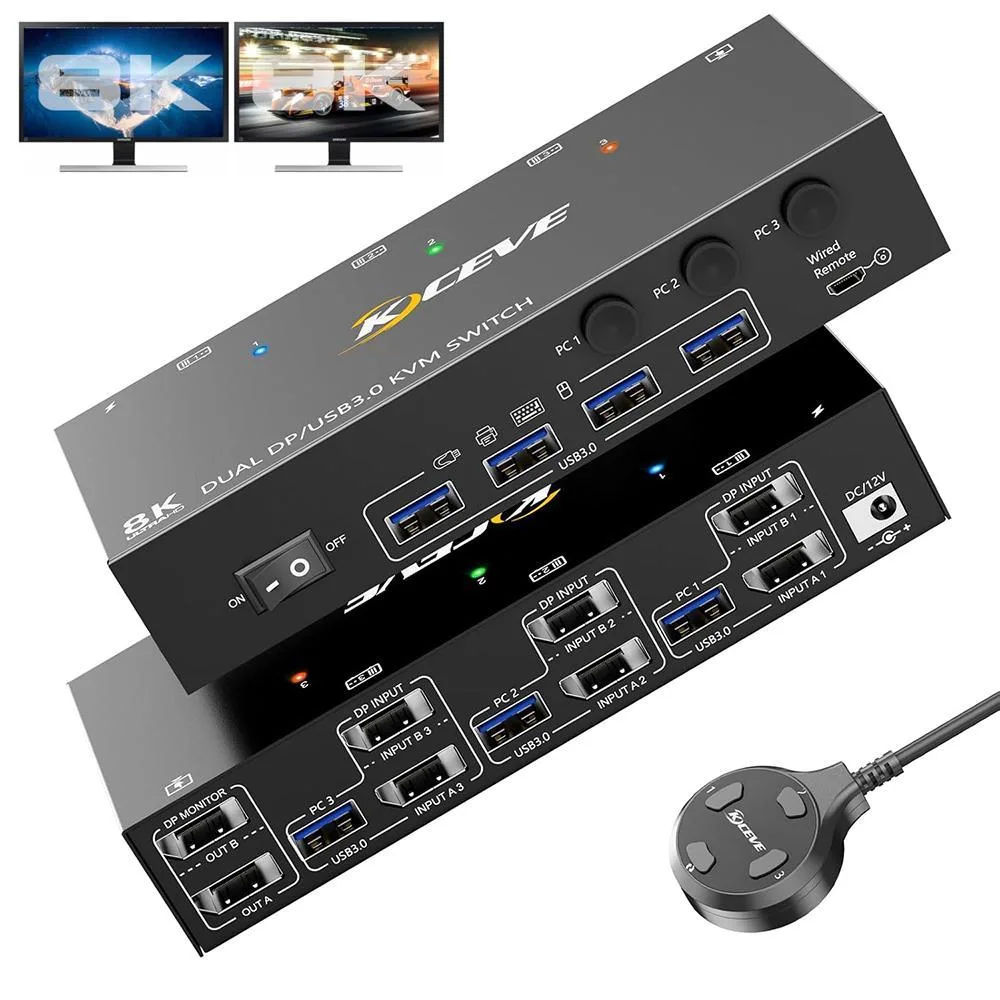 WRIARICH WRIARICH 8K@60Hz DisplayPort KVM Switch 3-PC 2-Monitor USB 3.0 Wired Remote — product photo