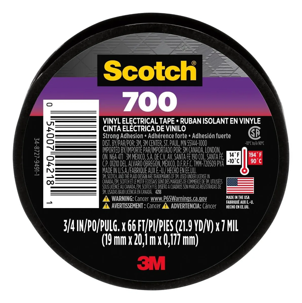  Scotch 700 Vinyl Electrical Tape 3/4-in x 66-ft Black — product photo