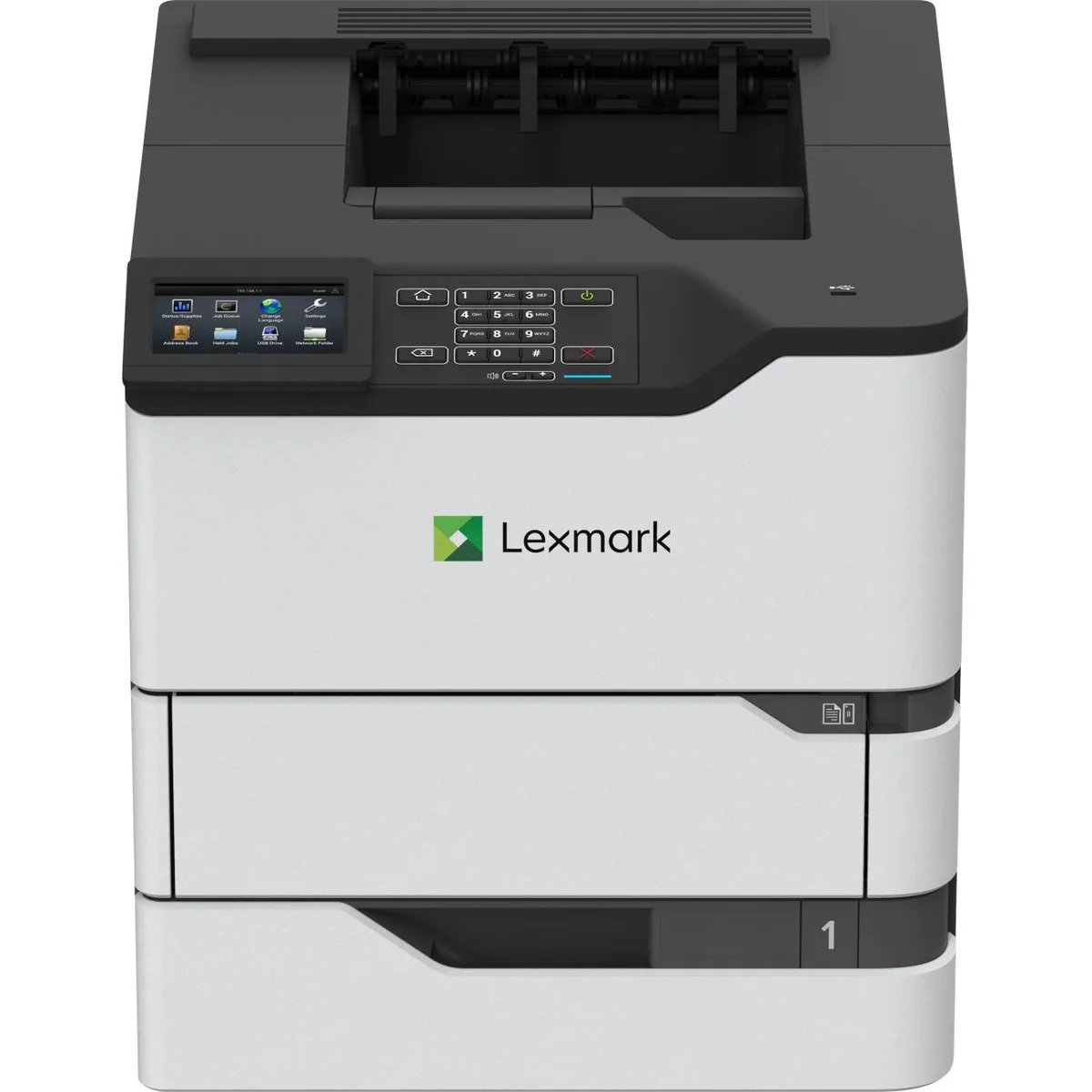 White rectangular desktop laser printer with 4.3 inch touch screen and paper tray