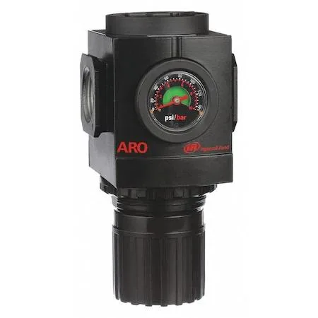 ARO 37461-600 air regulator, aluminium body, brass fittings, 1 inch NPT ports, adjustment knob, gauge included