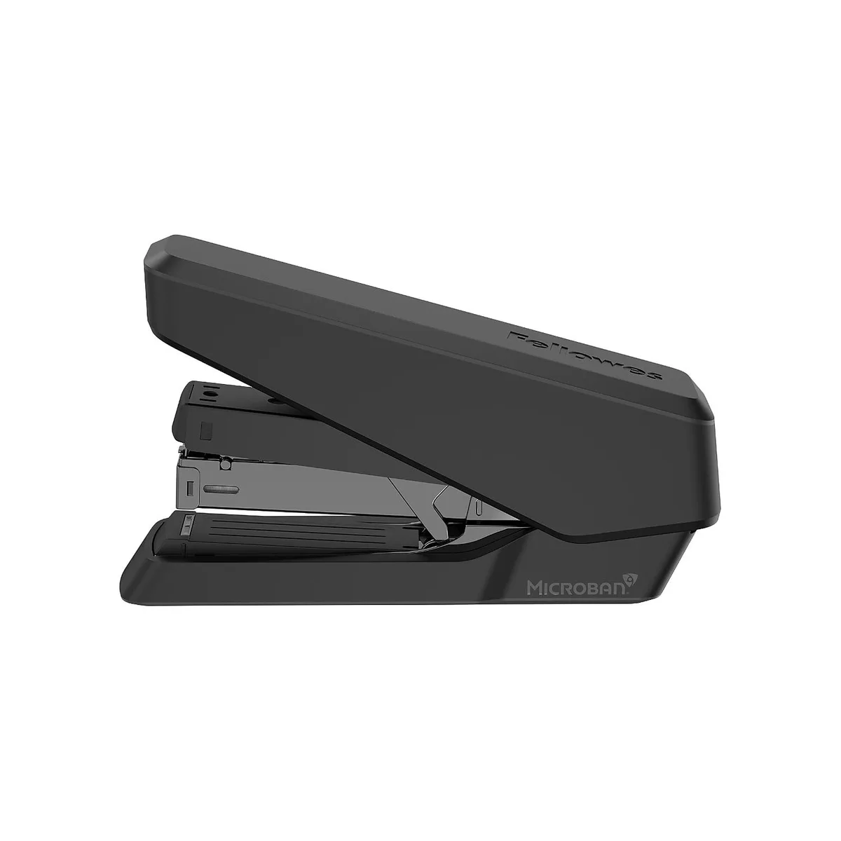 Black metal desktop stapler with flat clinch plate and low-staple indicator