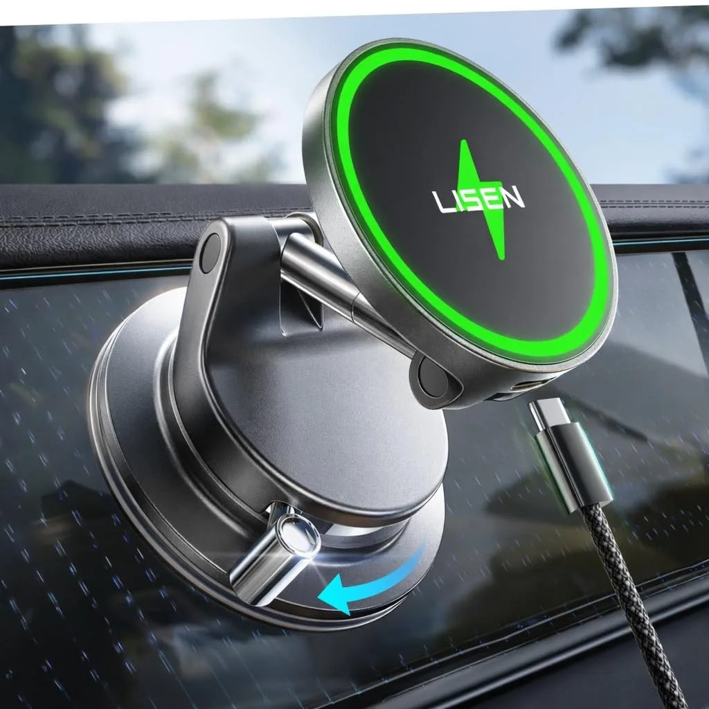 Magnetic wireless car charger with lever-lock vacuum suction base
