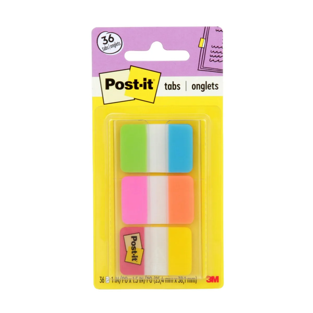 Clear plastic dispenser holding 36 small rectangular tabs in six bright colours