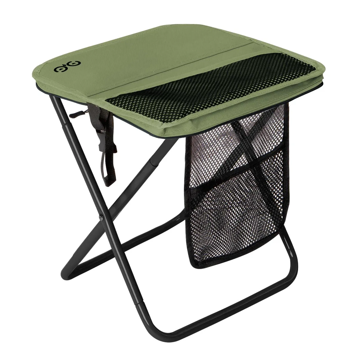 Green folding stool with alloy steel frame, 16 inch seat height, three side pockets and shoulder strap