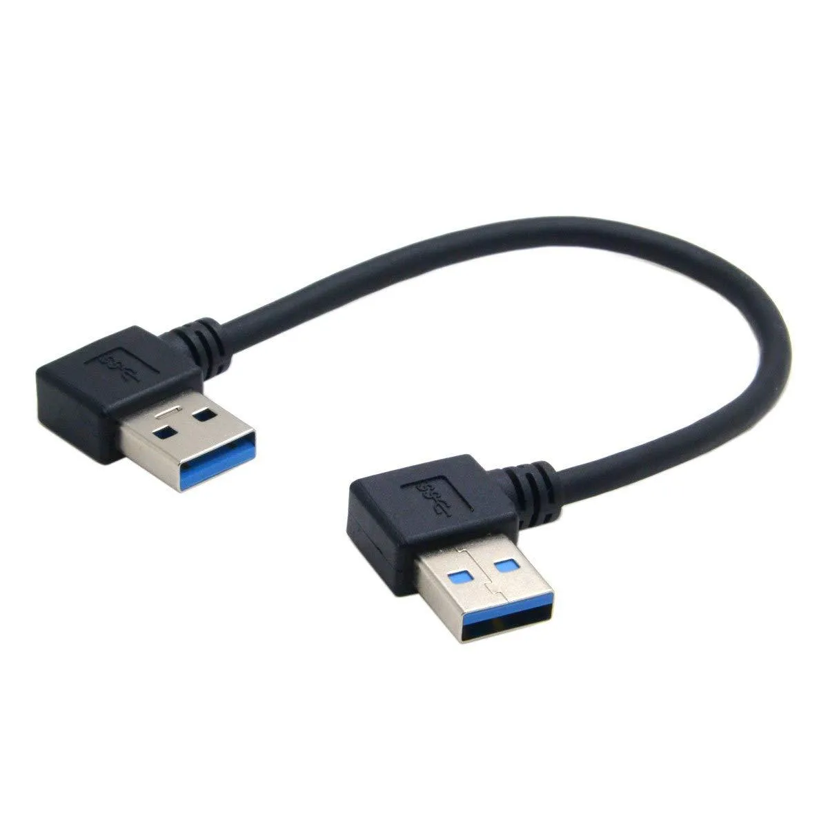 Short blue USB 3.0 cable with 90-degree angled connectors at both ends