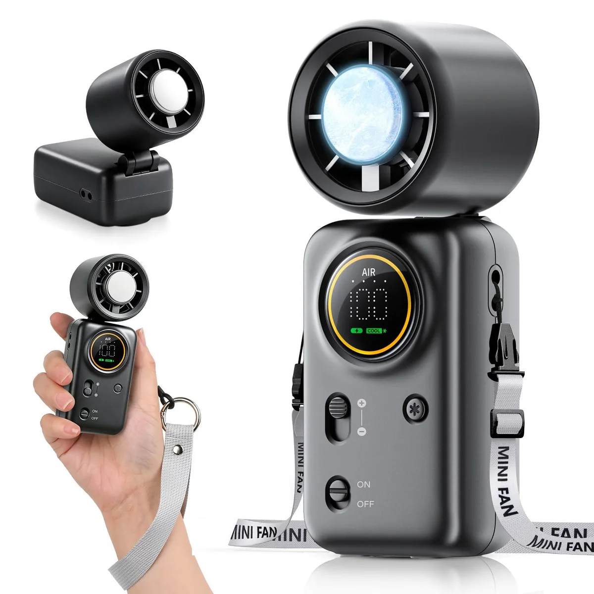 Silver handheld fan with foldable frame and LED display