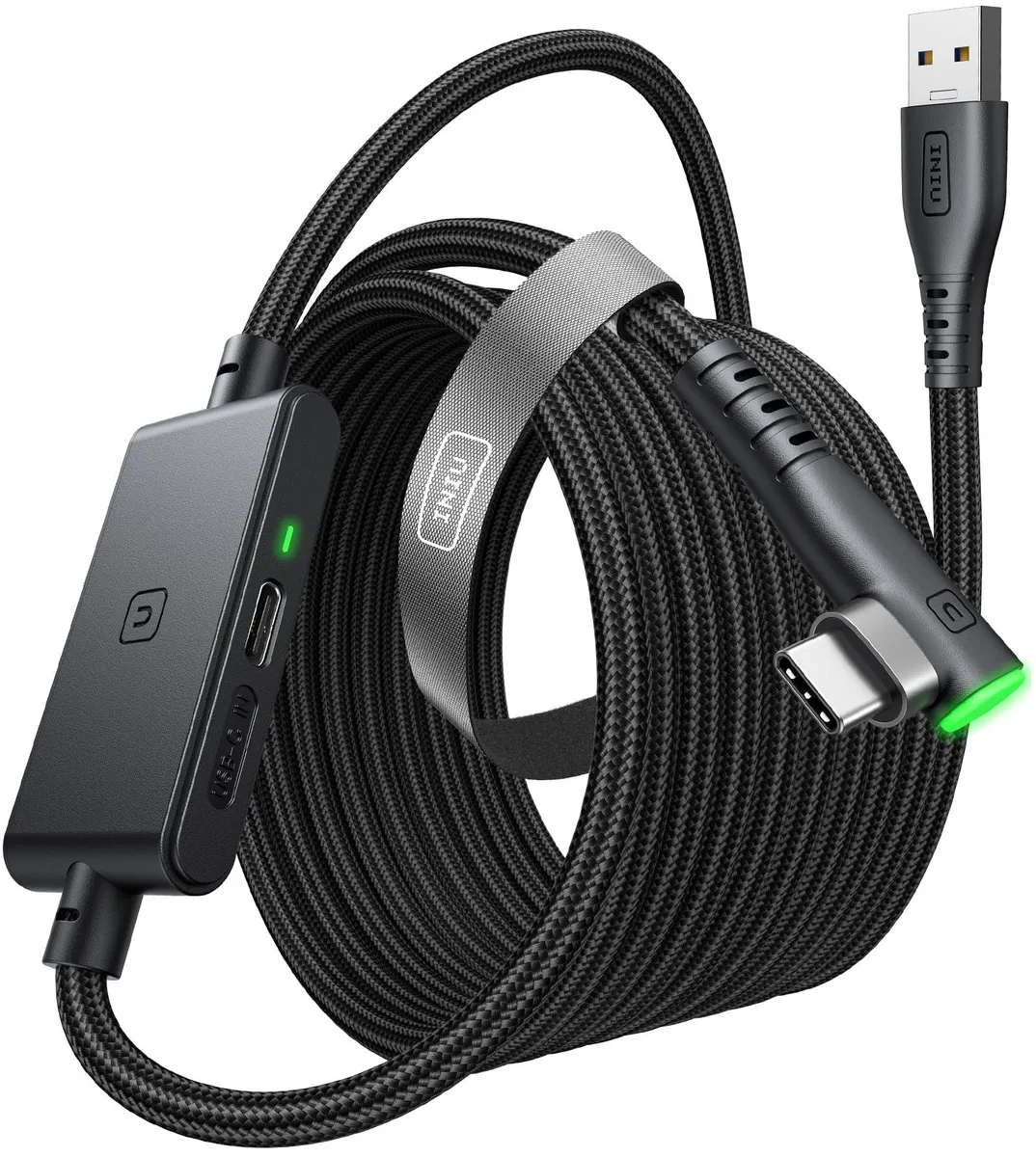 Black 16ft USB 3.0 male-to-male Type-C cable with 90° angled connector, separate charging port and woven jacket