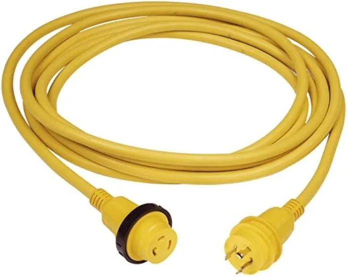 Yellow 25-foot marine power cordset with molded watertight plugs and LED indicator