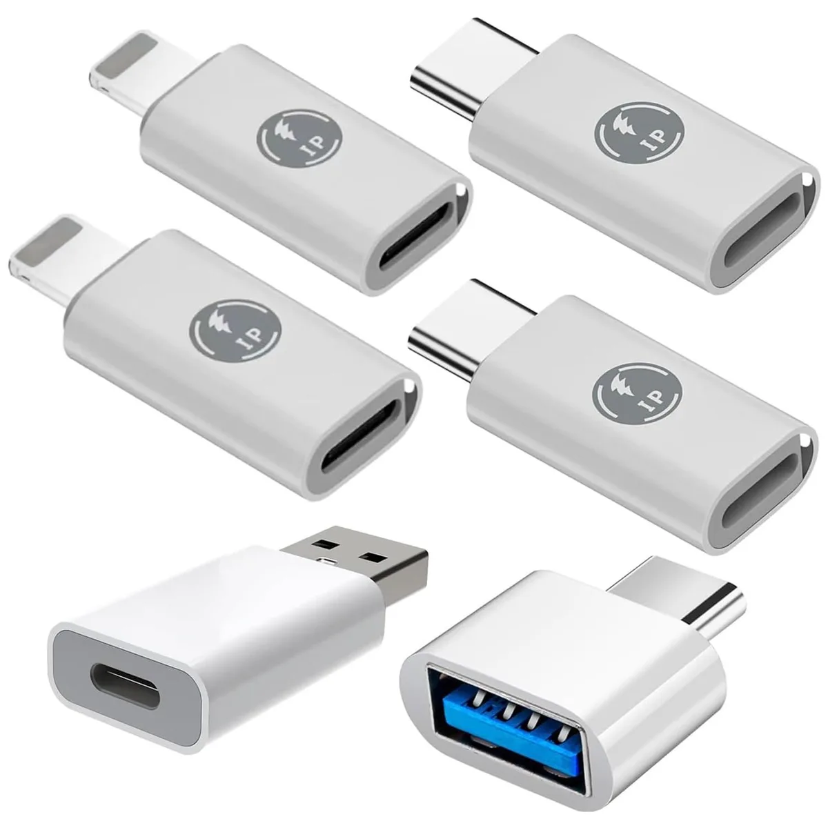 Six white USB-C to Lightning OTG adapters in a set
