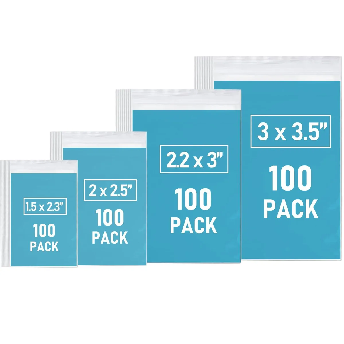 Clear resealable poly bags in four assorted sizes with 112 blank sticker tags