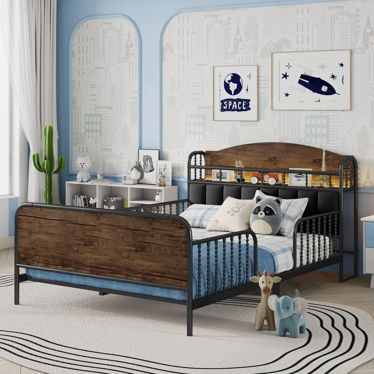 Black metal platform bed with upholstered storage headboard and LED strip