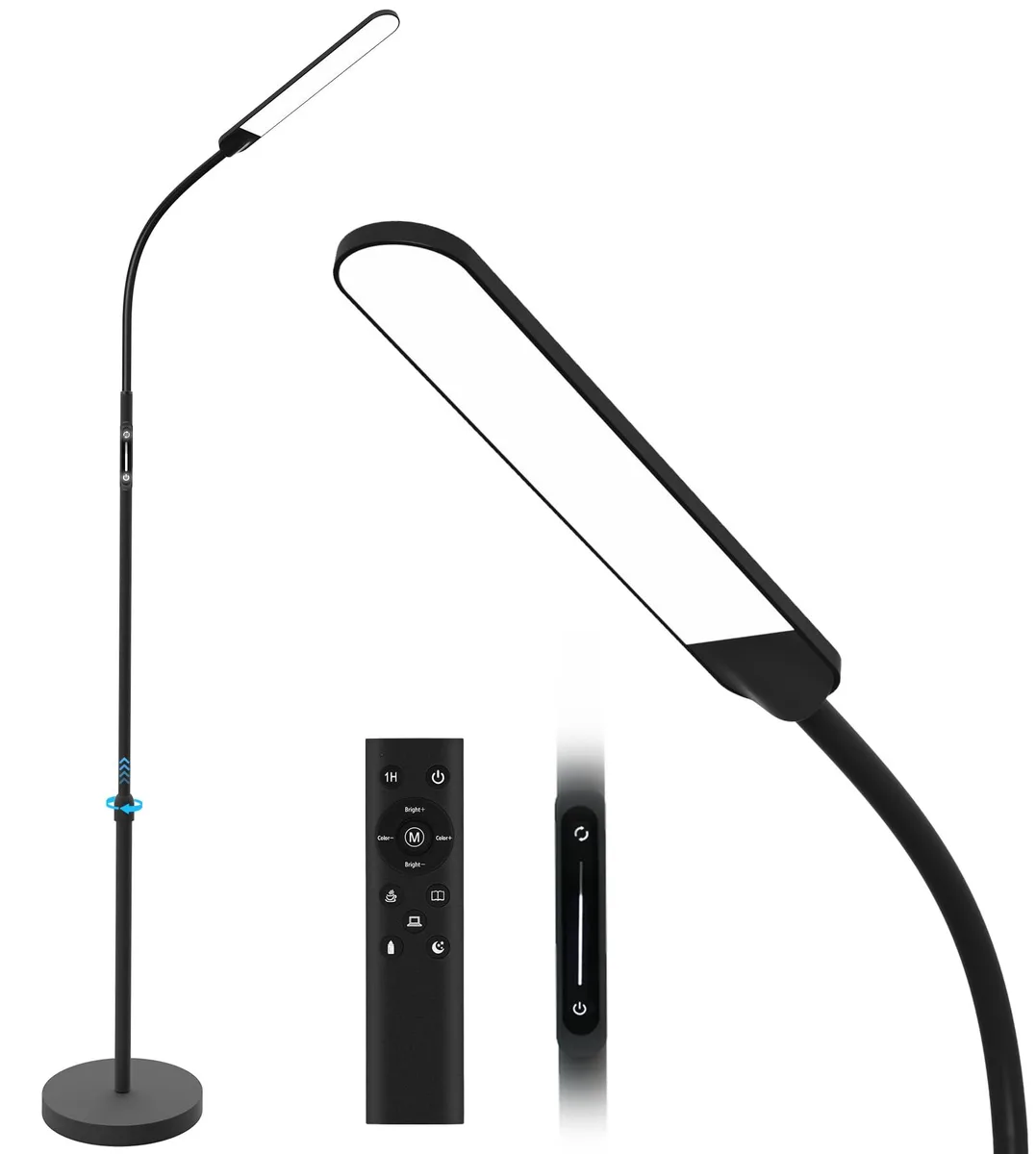 Tall black floor lamp with flexible gooseneck and weighted base
