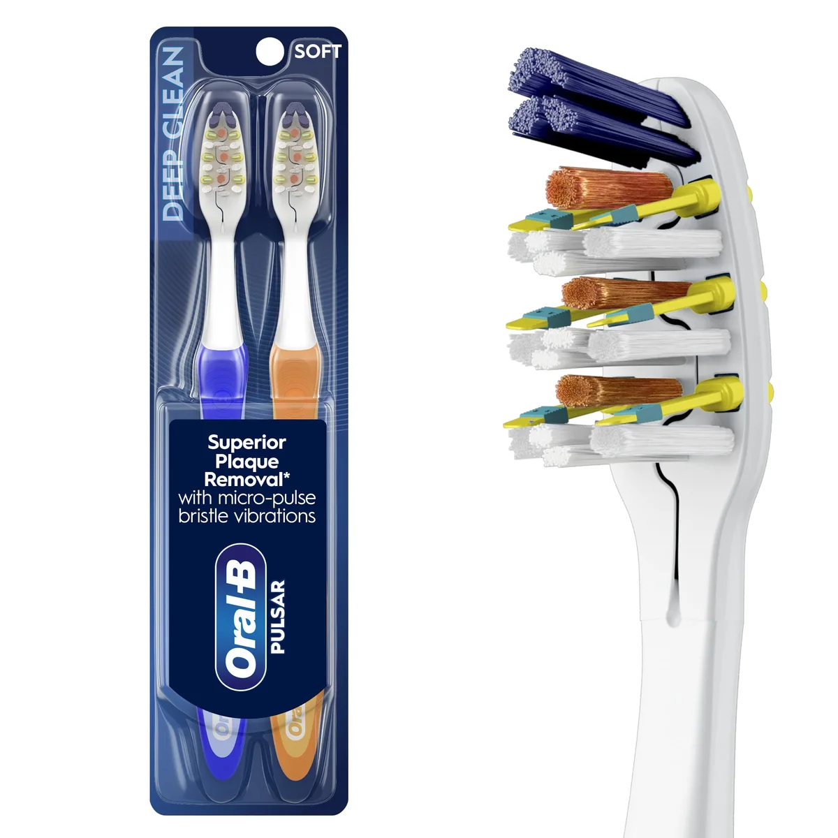Two blue battery toothbrushes with soft bristles and split heads