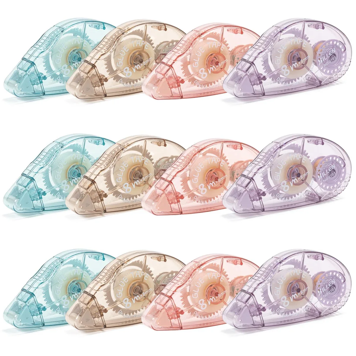 Twelve double-sided tape rollers in purple, blue, pink, brown with built-in roller mechanism