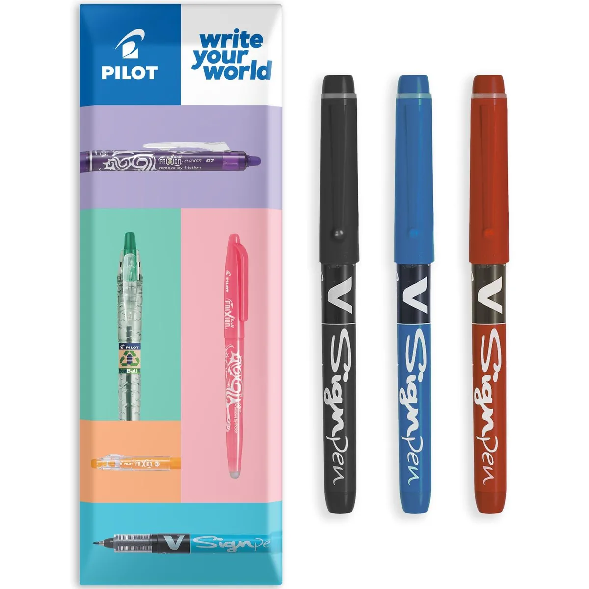 Pilot V Sign Pen Fineliner 2.0mm Tip 0.6mm Line Essential Pack Black Blue Red (3) — product photo