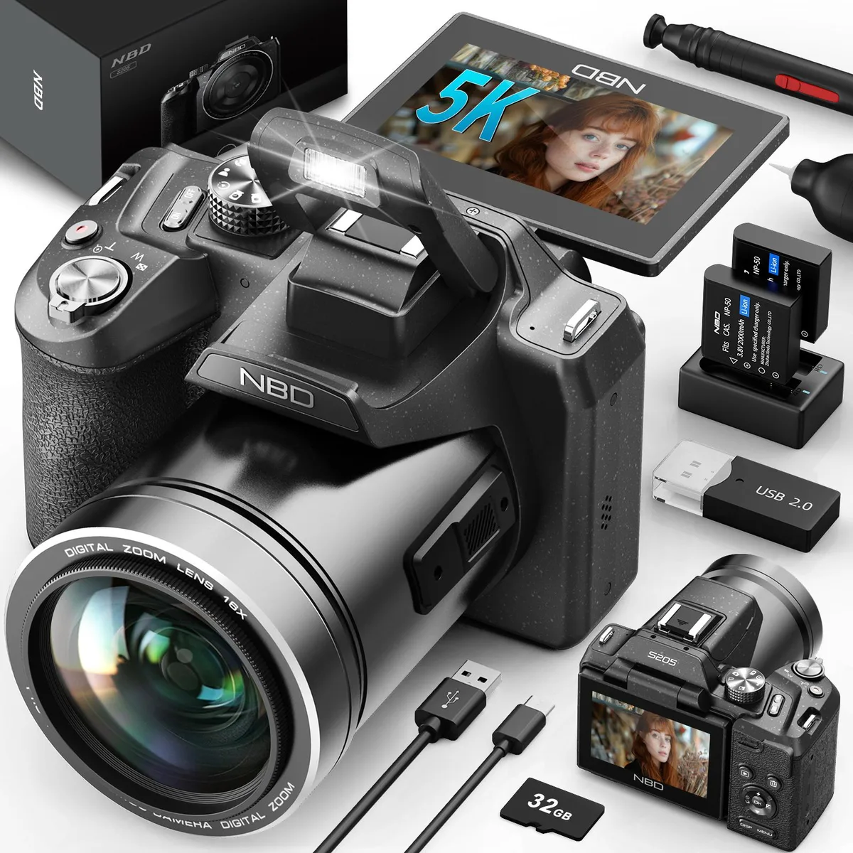G-Anica G-Anica 5K 64MP Shoot Camera 16X Zoom 180° Flip 2.8" 32GB Card — product photo