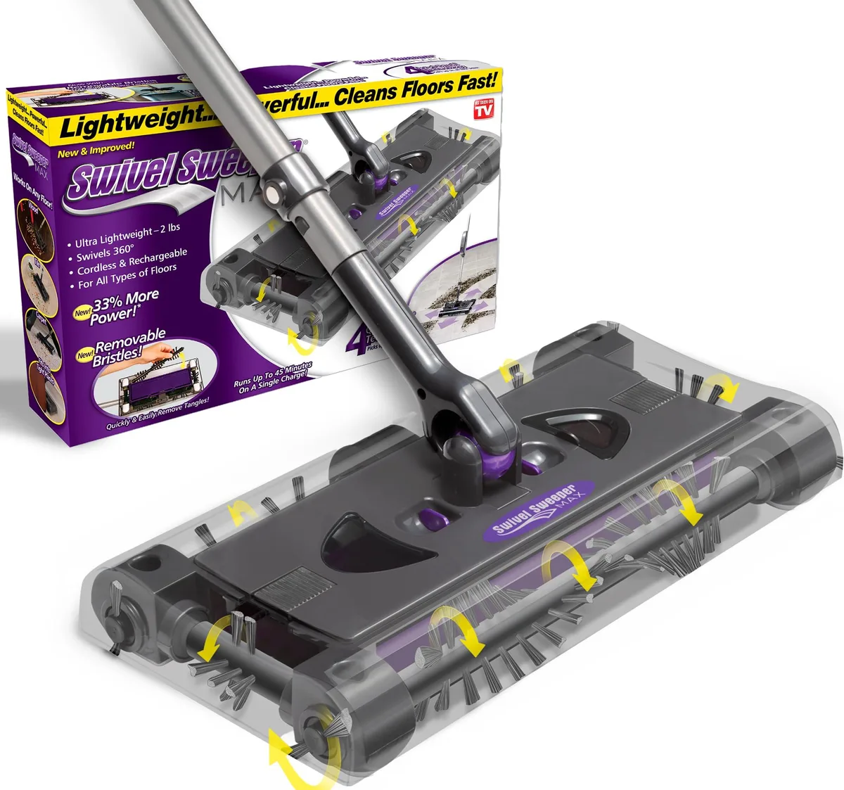 Purple cordless floor sweeper with rotating brushes and touchless dirt tray