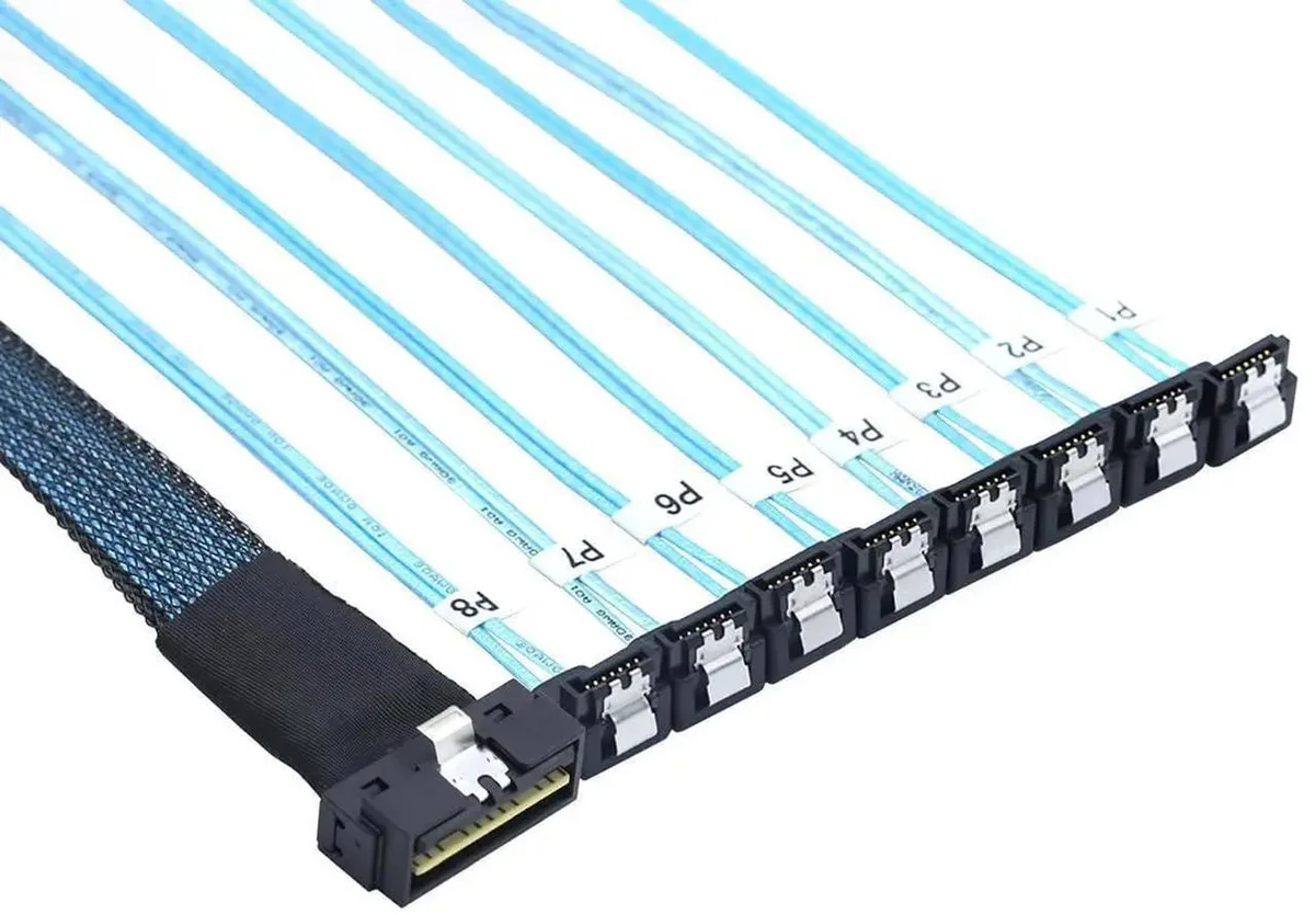 SMUGDESK SMUGDESK SlimSAS SFF-8654 8i 74Pin to 8×SATA 7Pin 90° Cable 30AWG 1m — product photo