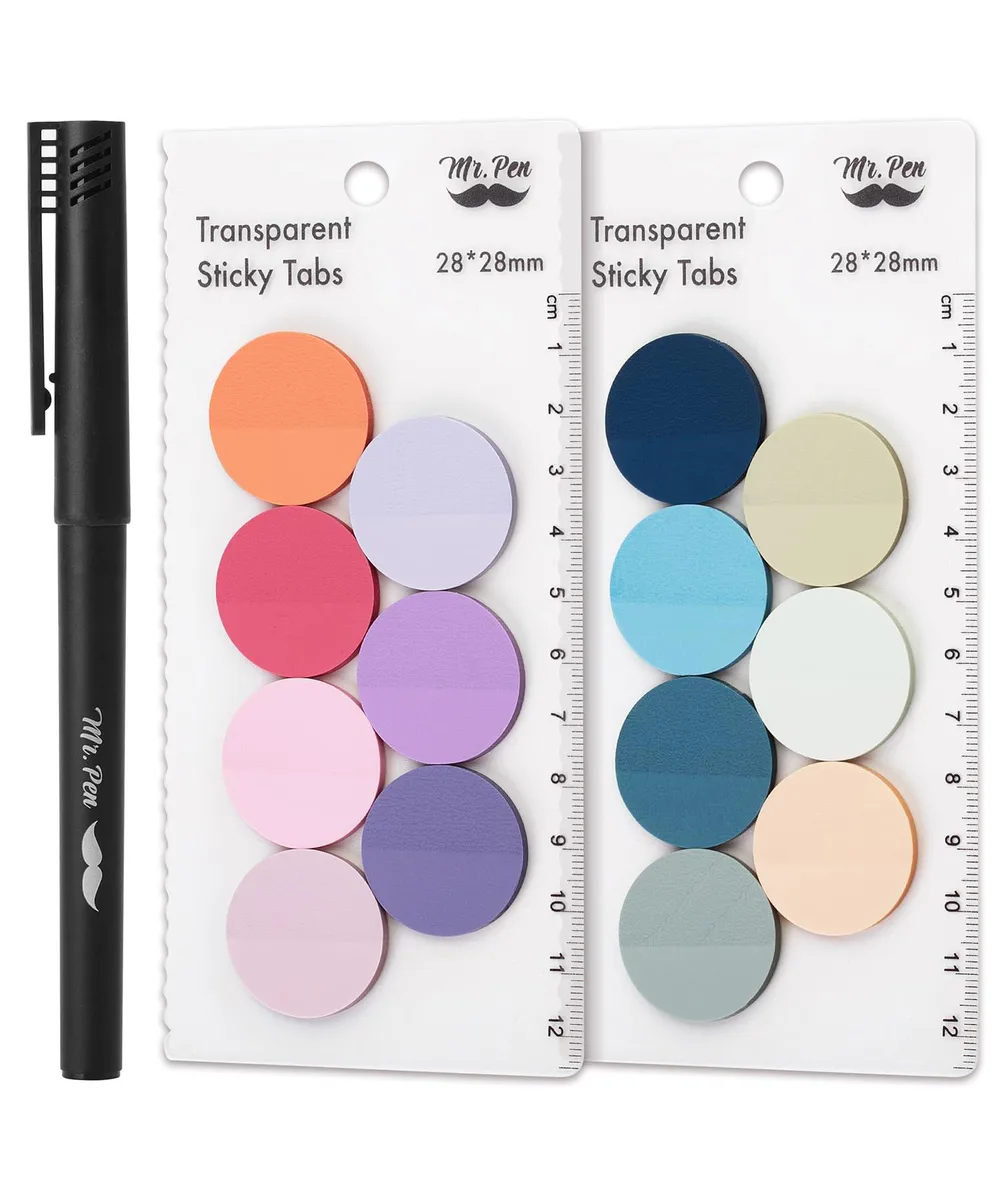 Clear round sticky notes in pastel colours, 14 pads shown flat
