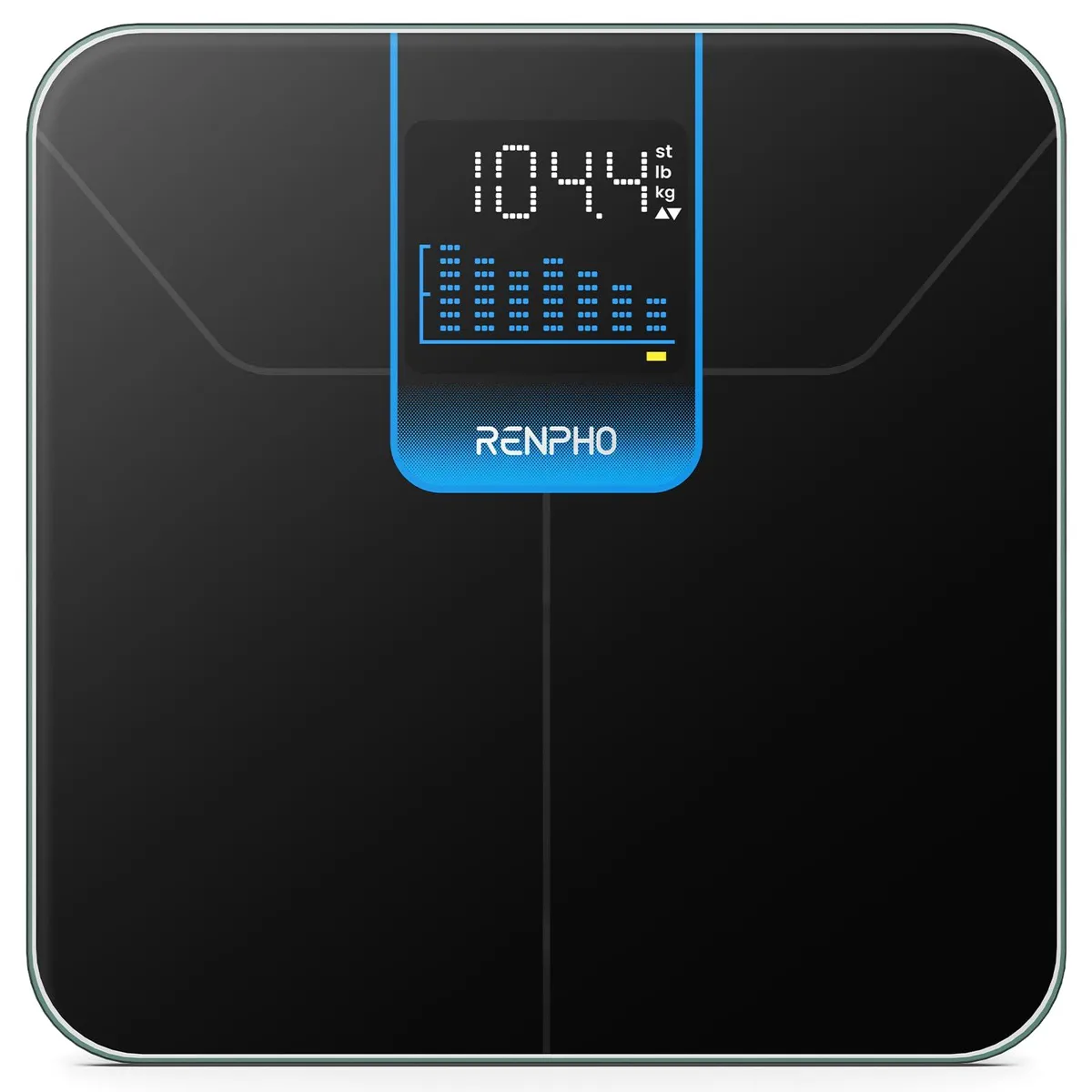 Black rectangular bathroom scale with LED display and four anti-slip feet