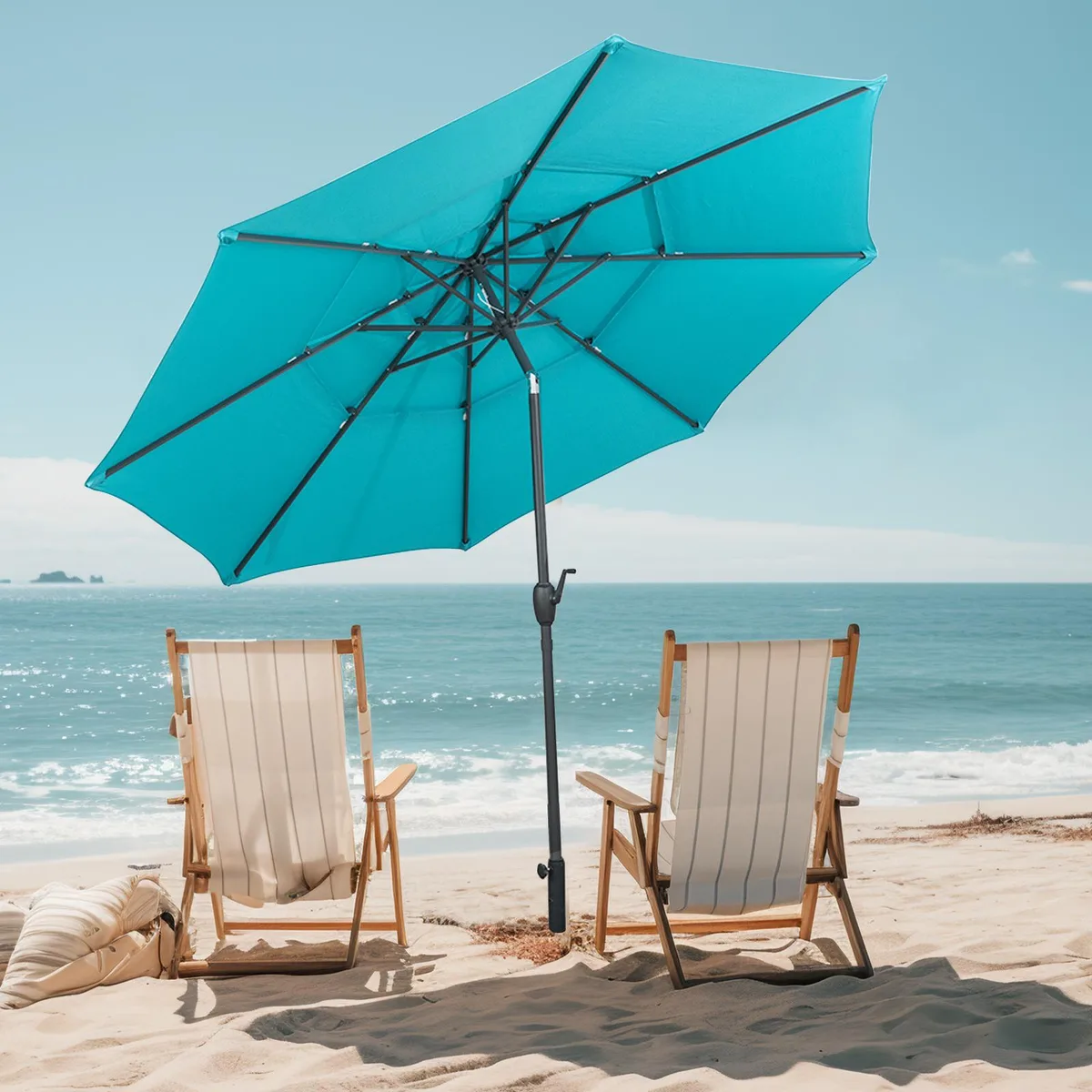 Green 10 ft three-tier vented patio umbrella with push-button tilt and crank handle