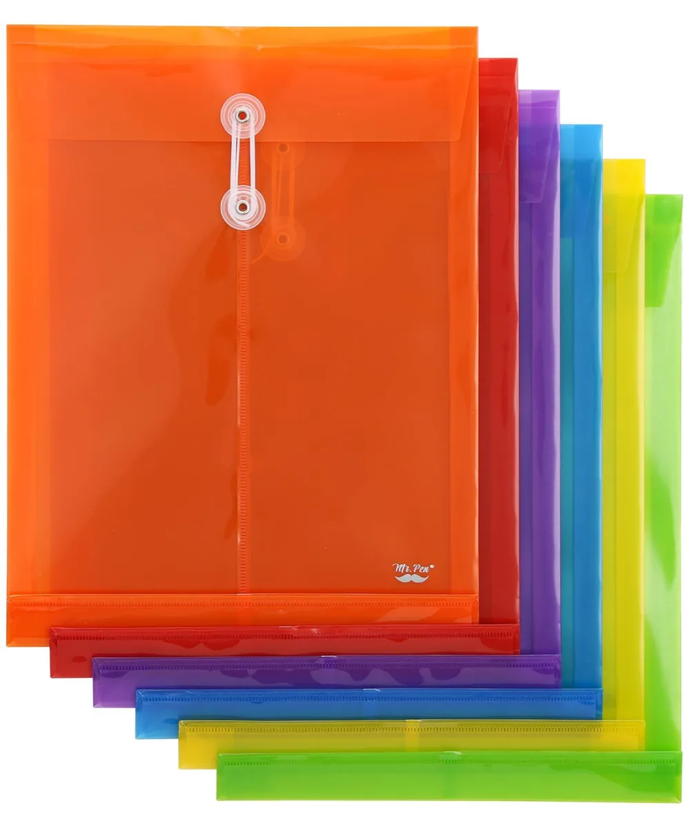 Six translucent plastic expandable envelopes with string ties in assorted bright colors