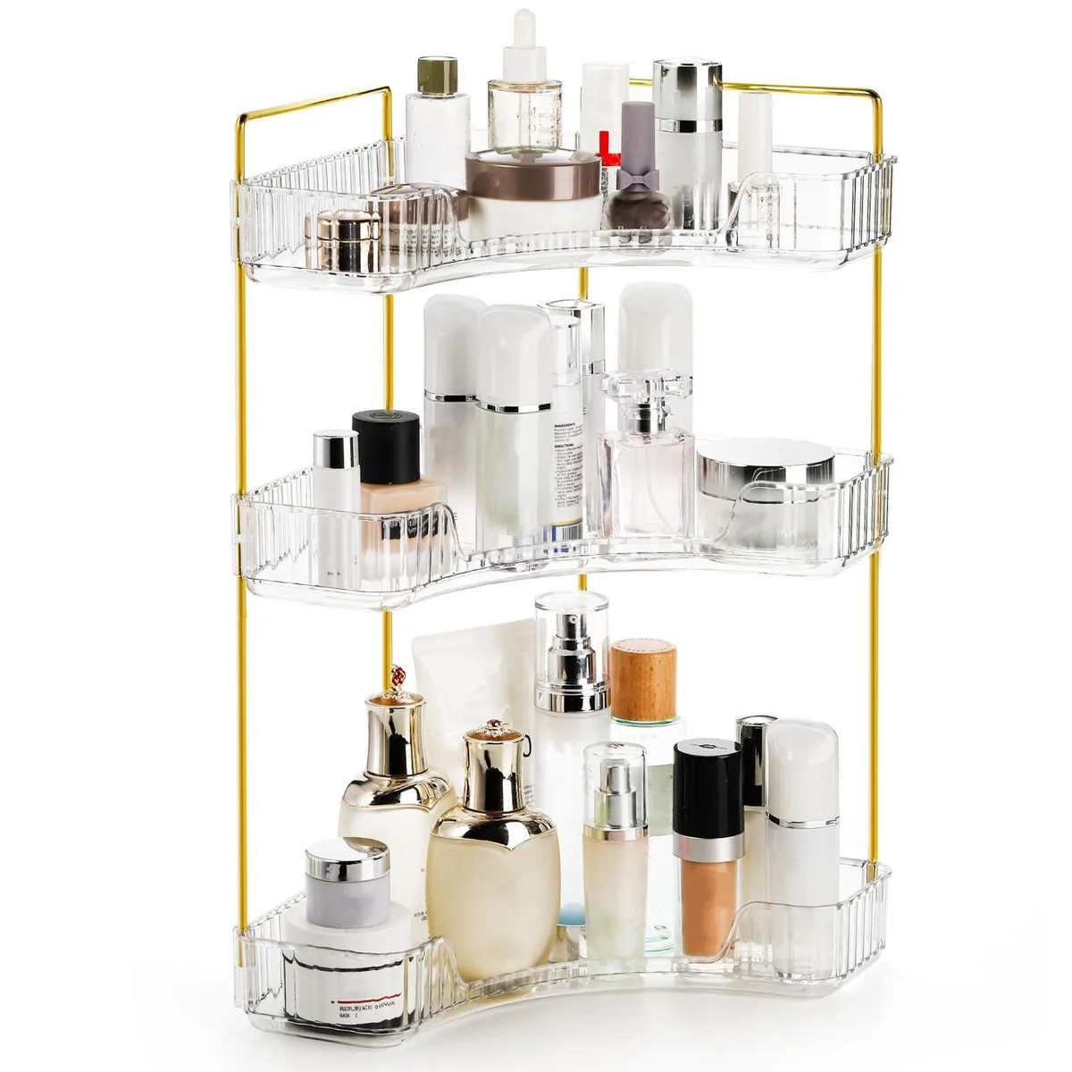 Three-tier corner bath organiser with clear trays and gold poles, 10 by 10 by 17.5 inches