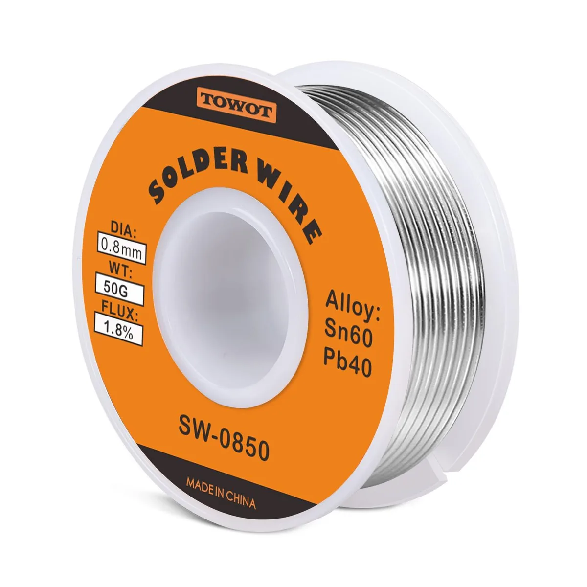 Coil of silver-grey solder wire on a spool