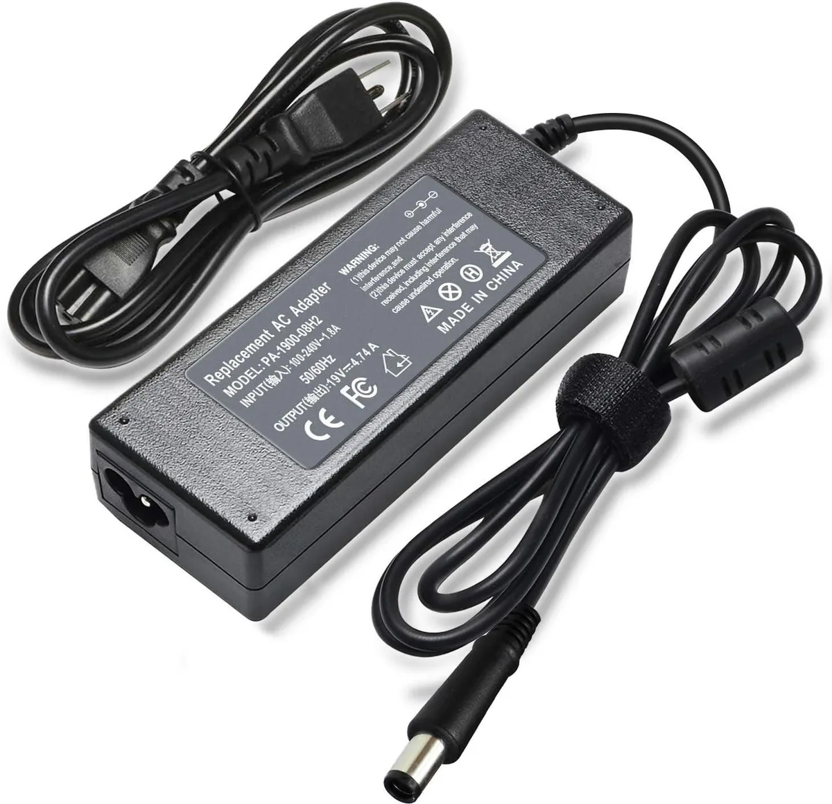 Black rectangular 90W AC adapter with 7.4mm barrel connector and three-prong plug